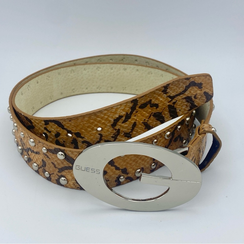 Guess Leather Embossed Snake Print Studded Belt Silvertone Buckle, XL